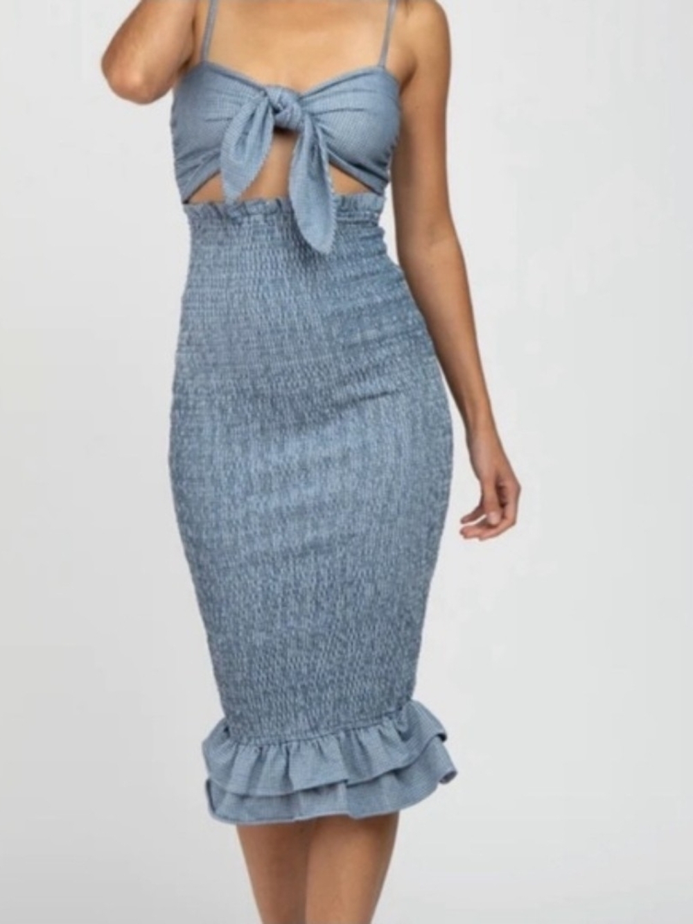 Smocked Midi Dress with Ruffle Hem in Light Blue